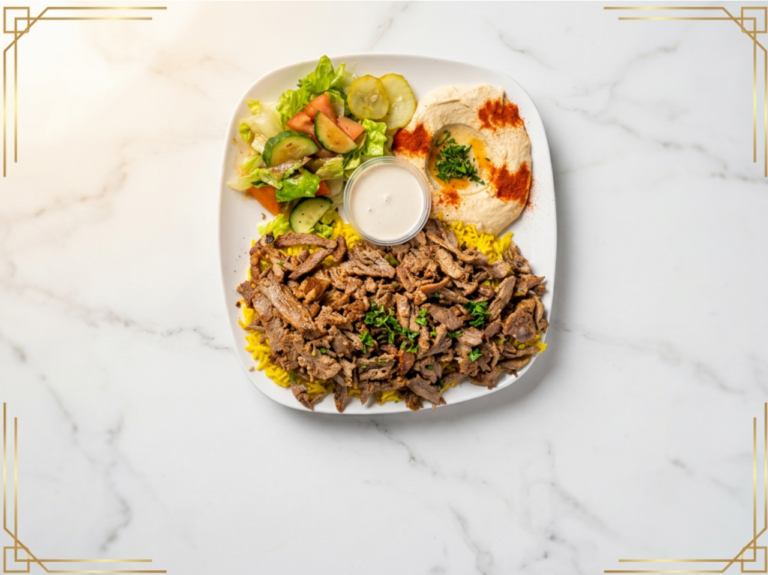 Gyros & Mediterranean Food in Glendale, AZ Beef shawarma plate with rice, salad and tahini