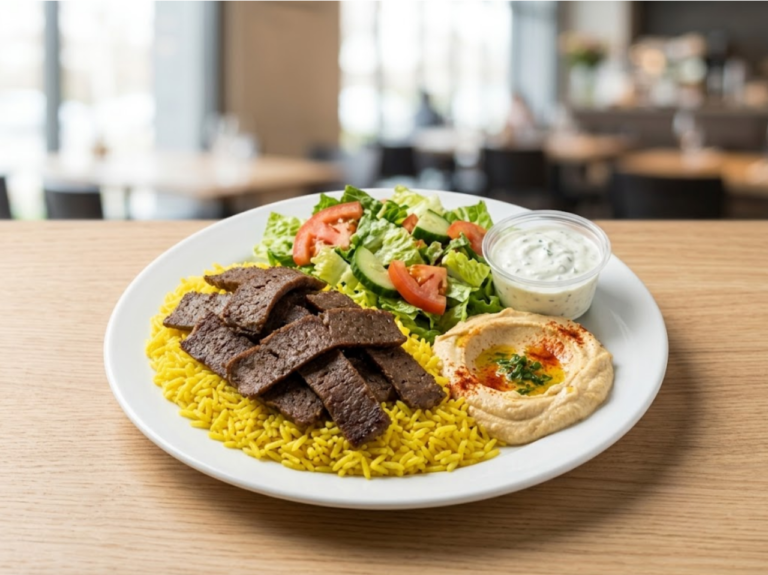 Gyros & Mediterranean Food in Glendale, AZ Gyro plate with sliced gyro, saffron rice, salad, hummus and tzatziki at Gyro Kitchen Glendale