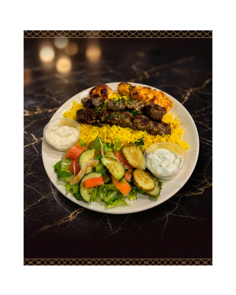 Gyros & Mediterranean Food in Glendale, AZ Mixed grill platter with chicken tikka, beef kabab and beef tikka over rice
